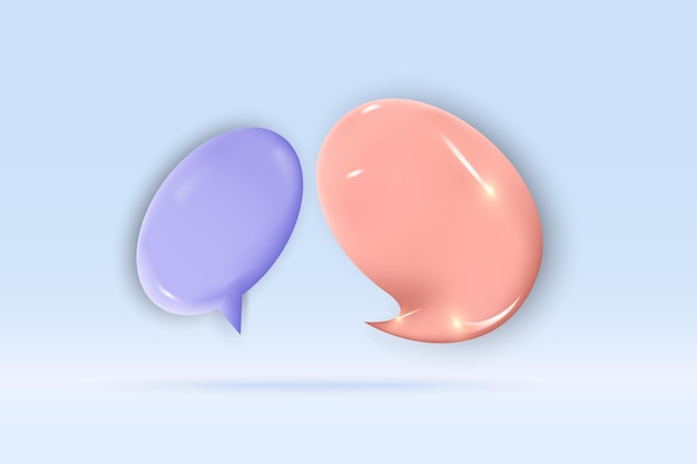Símbolo de burbuja de voz 3d púrpura y naranja Aislado sobre fondo azul claro Ilustración de renderizado de vector 3d de chat de redes sociales realista