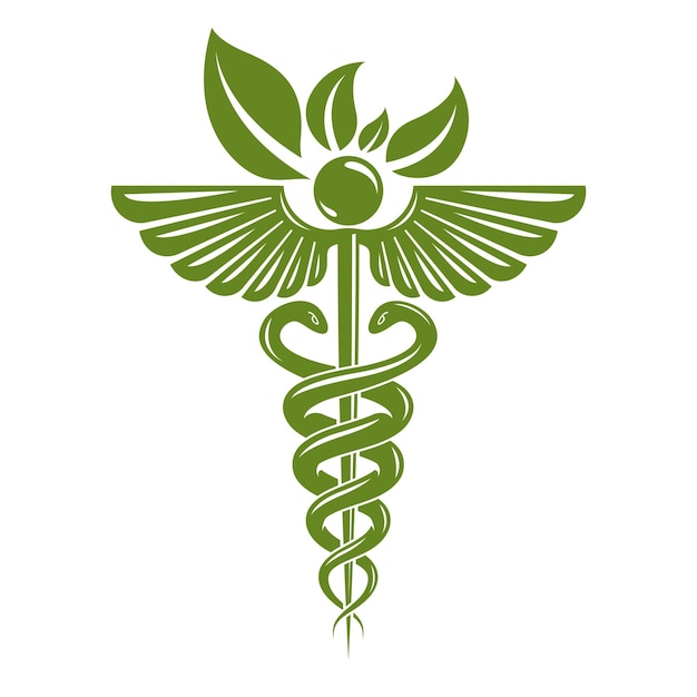 Símbolo de caduceo compuesto por serpientes venenosas y alas de pájaro, ilustración vectorial conceptual de atención médica. Tema de medicina alternativa.