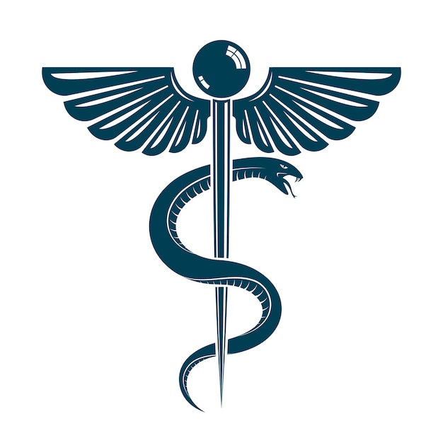 Símbolo de caduceo hecho con alas de pájaro y serpientes venenosas, ilustración vectorial conceptual de atención médica.