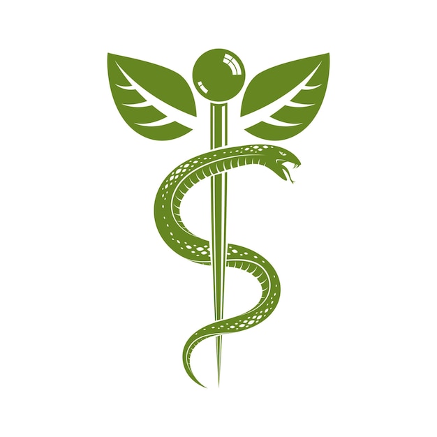 Símbolo del caduceo, ilustración vectorial conceptual de atención médica. Emblema creativo de la homeopatía.