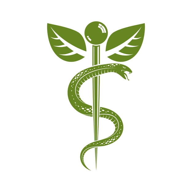 Símbolo del caduceo, ilustración vectorial conceptual de atención médica. emblema creativo de la homeopatía.