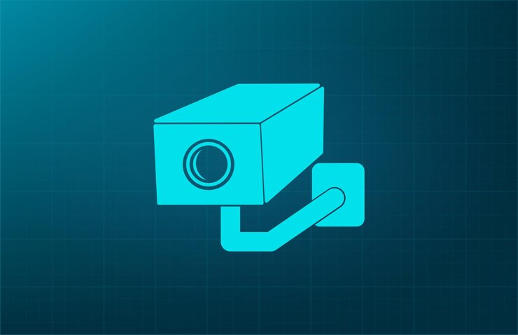 Vector símbolo de la cámara de vigilancia ilustración vectorial sobre fondo azul eps 10