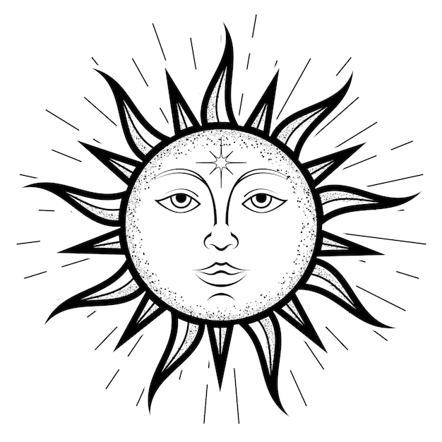 Símbolo de la cara del sol con rayos ondulados, sol de estilo vintage, vector