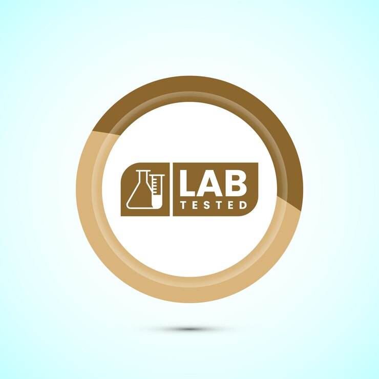 Vector símbolo del certificado de calidad del producto de ensayo de laboratorio diseño del botón de color dorado clínicamente certificado