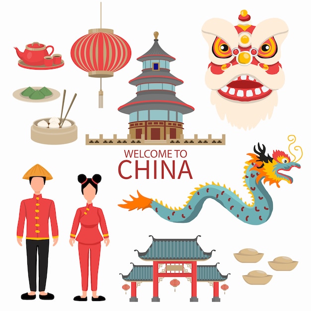 Vector símbolo de china concepto de viaje: ejemplo danza del león y el dragón, linterna, señal del templo, comidas tradicionales. ilustración