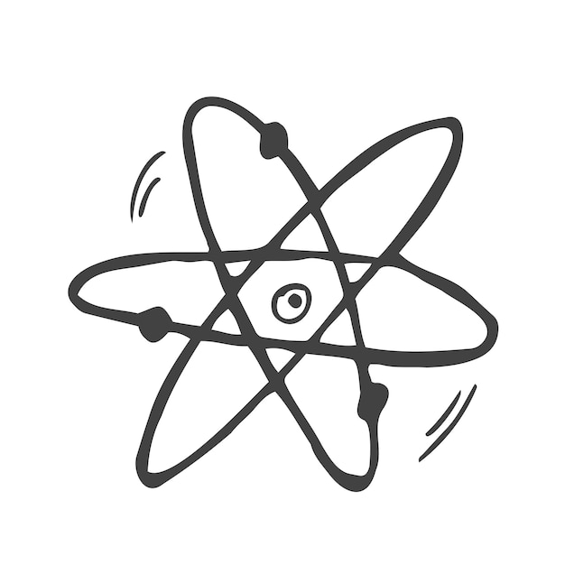 Símbolo científico del átomo icono simple imagen dibujada a mano en una hoja de papel Doodle en fondo a cuadros