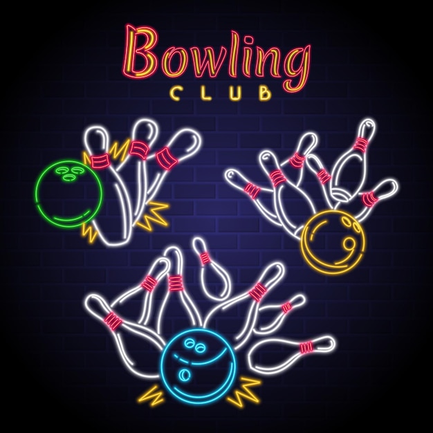 Símbolo del club de bolos con contorno brillante de estilo neón