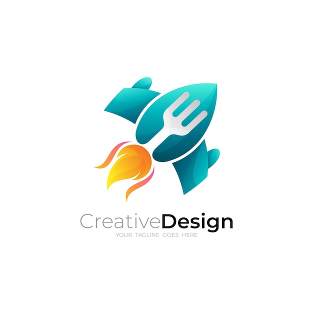 Símbolo cohete logo y tenedor diseño vector restaurante