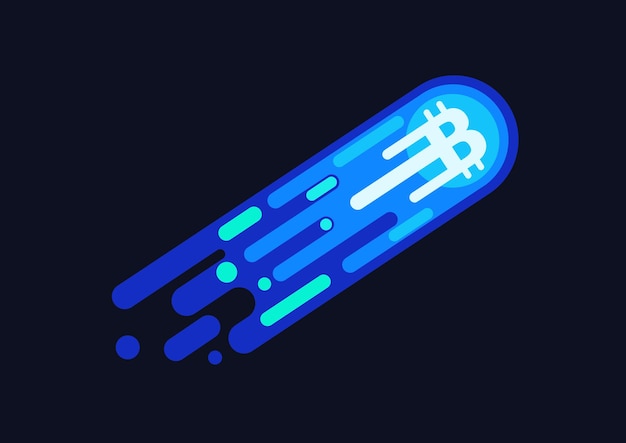 Símbolo de cometa de neón azul azul de Bitcoin volando en el espacio abierto