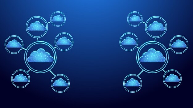 Símbolo de computación en la nube en una ilustración de estilo wireframe brillante de conexión a Internet y inalámbrica