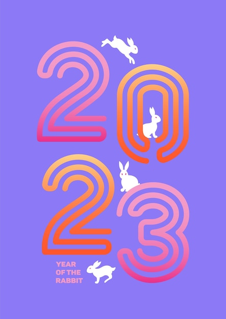 El símbolo de los conejos del Año Nuevo chino 2023 salta sobre los números Banner vintage vectorial brillante en colores neón del estilo asiático de los años 90 Primavera de Pascua para carteles publicitarios