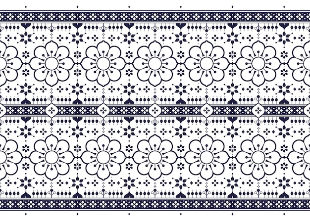Símbolo de contorno dos filas floral floreciente azul oscuro en fondo blanco tela étnica patrón sin costuras