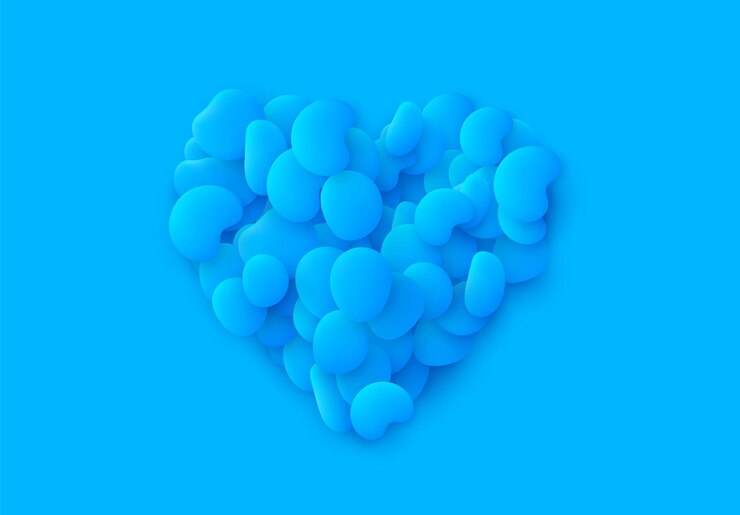 Vector símbolo de corazón azul de fondo de amor. elementos de diseño de las formas plásticas redondeadas líquidas, piedras marinas lisas, burbuja de salpicadura plana líquida. objetos fluidos 3d. sustancias orgánicas patrón abstracto moderno