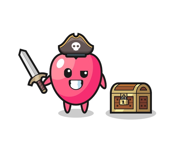 El símbolo del corazón personaje pirata sosteniendo la espada al lado de una caja del tesoro, diseño de estilo lindo para camiseta, pegatina, elemento de logotipo