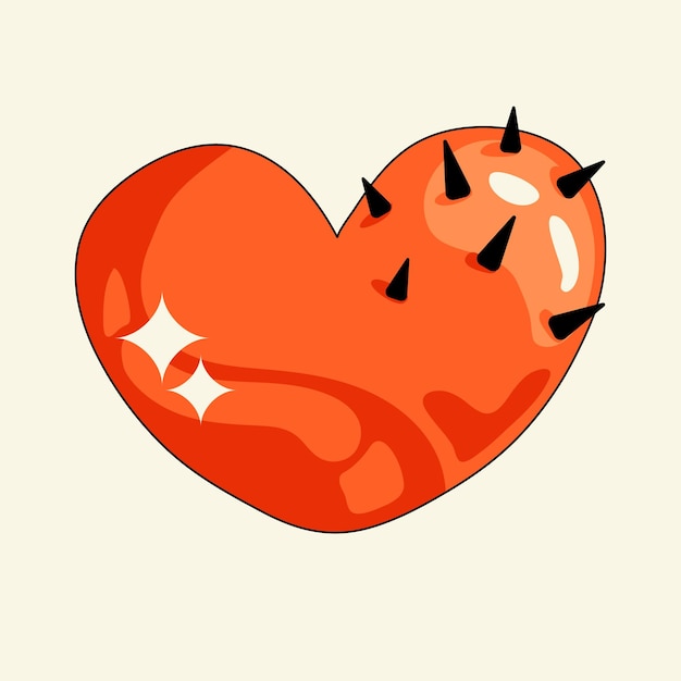 Símbolo de corazón rojo brillante con espinas en estilo retro Vector ilustración plana