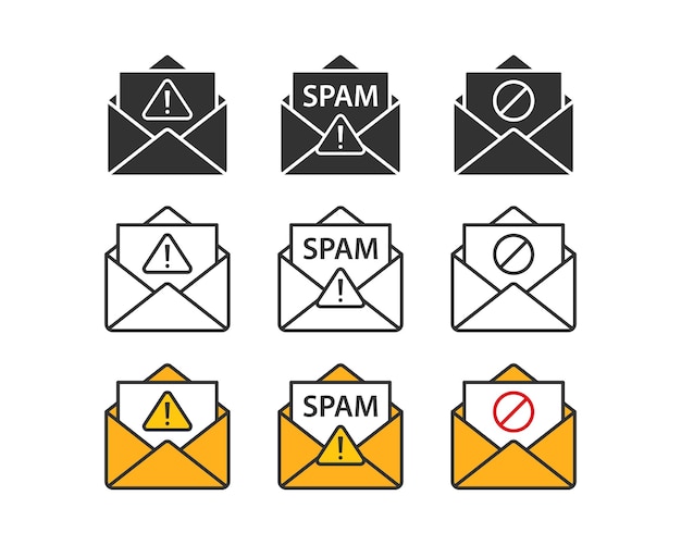 Símbolo de correo electrónico no deseado Símbolo de mensaje de correo electrónico de virus Símbolo de mensaje de correo electrónico de malware Símbolos de protección de hackers Símbolos de estafa en Internet Símbolo aislado de vector