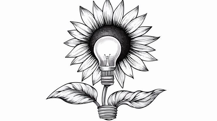 Vector símbolo creativo de girasol de bombilla negra y blanca