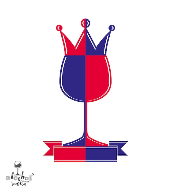 Símbolo decorativo real con corona monarca y cinta curva, copa de arte mejor para uso en diseño gráfico. Escudo de armas imperial: corona estilizada, ilustración de copa de vino.