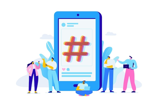 Símbolo de destino de redes sociales Personas de pie cerca de un teléfono enorme con vector plano de signo hashteg