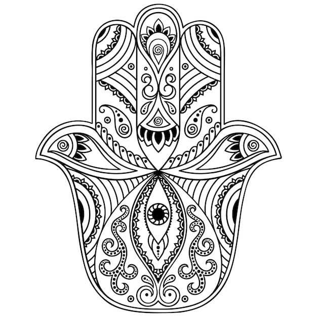 Vector símbolo dibujado a mano de hamsa con flor. patrón decorativo en estilo oriental para decoración de interiores y dibujos de henna. el antiguo letrero de 