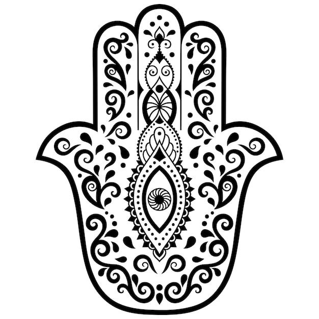 Símbolo dibujado a mano de Hamsa con flor. Patrón decorativo en estilo oriental para decoración de interiores y dibujos con henna. El antiguo letrero de "Mano de Fátima".