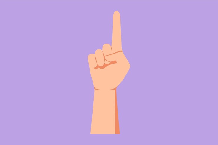Vector símbolo de dibujo de estilo plano de dibujos animados de victoria o campeón conteo de mano número uno aprender a contar números gesto de mano del número uno concepto de educación para niños ilustración de vector de diseño gráfico