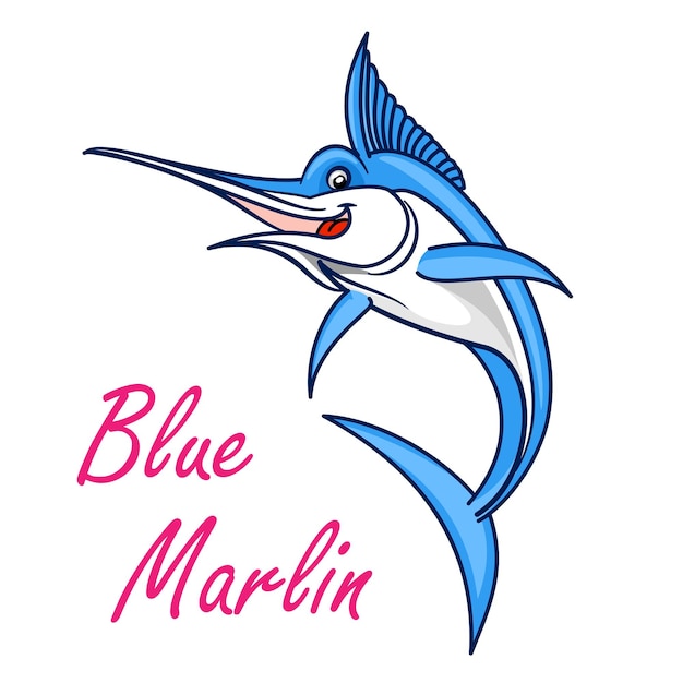 Símbolo de dibujos animados de aguja azul atlántica de peces de caza con mandíbula superior larga y letal en forma de lanza. Emblema de pesca deportiva o uso de diseño de mariscos orientales