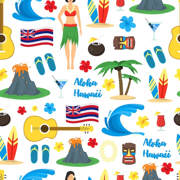 Símbolo de dibujos animados de Hawaii Vector de fondo de patrones sin fisuras