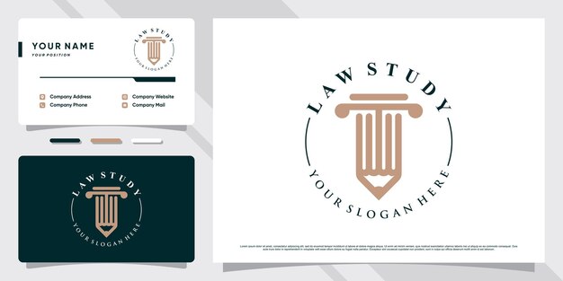 Vector símbolo del diseño del logotipo del bufete de abogados con icono de lápiz y plantilla de tarjeta de visita