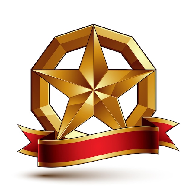 Símbolo dorado de marca con estrella brillante pentagonal estilizada y cinta con curvas decorativa roja, ideal para uso en diseño web y gráfico. icono de vector refinado colocado en un círculo. aislamiento de anillo de oro sofisticado