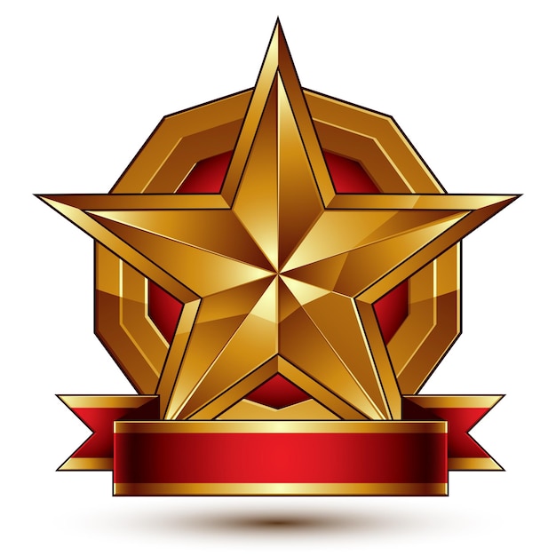 Símbolo dorado de marca con estrella brillante pentagonal estilizada y cinta con curvas decorativa roja, ideal para uso en diseño web y gráfico. Icono de vector refinado colocado en un círculo. Aislamiento de anillo de oro sofisticado