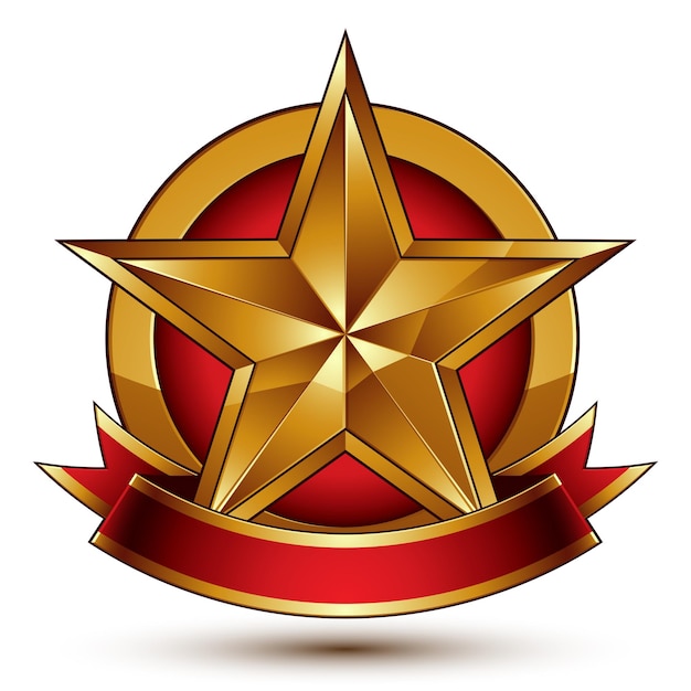 Símbolo dorado de marca con estrella brillante pentagonal estilizada y cinta con curvas decorativa roja, ideal para uso en diseño web y gráfico. Icono de vector refinado colocado en un círculo. Aislamiento de anillo de oro sofisticado