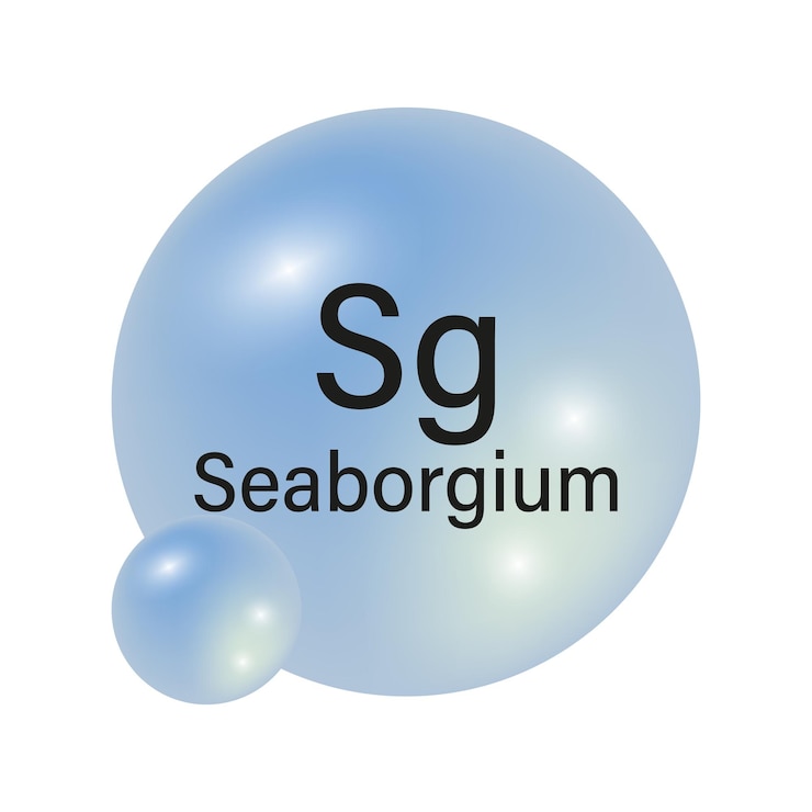 Vector símbolo del elemento seaborgium esferas brillantes azules concepto químico vector