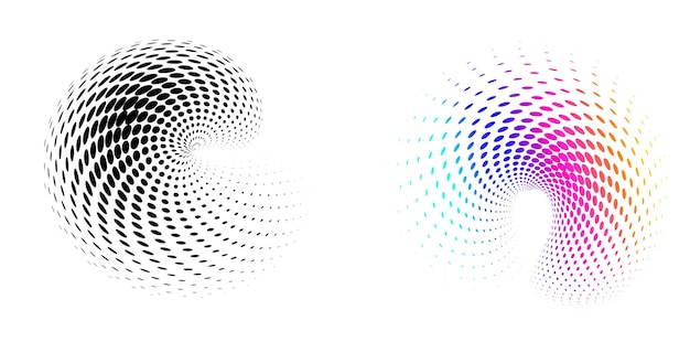 Símbolo de elementos de diseño Remolino de patrón de círculo de punto de marco de semitono de color editable sobre fondo blanco Marco de ilustración vectorial eps 10 con puntos negros aleatorios Icono de borde redondo usando puntos de círculo de semitono
