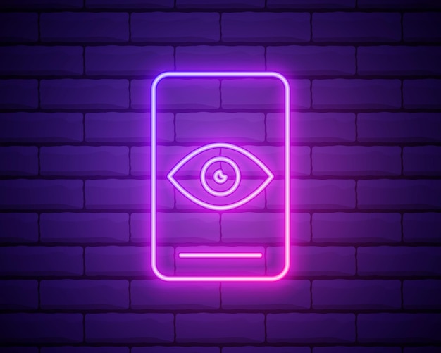 Símbolo de escaneo de teléfono Luz de neón Ilustración brillante Diseño de color rosa Fondo de pared de ladrillo oscuro