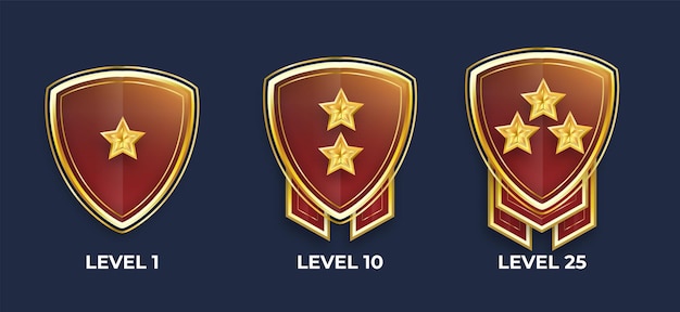 Símbolo de escudo dorado o diseño de insignia vectores conjunto de diseño de ilustración de rango de juego