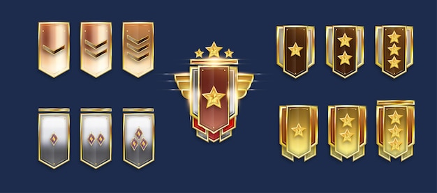 Símbolo de escudo dorado o diseño de insignia vectores conjunto de diseño de ilustración de rango de juego