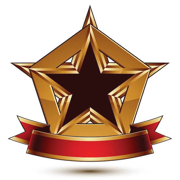 Símbolo estilizado de vector dorado con estrella negra y banda ondulada glamorosa, insignia Clear EPS 8, aislado en fondo blanco. Plantilla simbólica, ideal para uso en diseño web y gráfico. Objeto glorioso wi