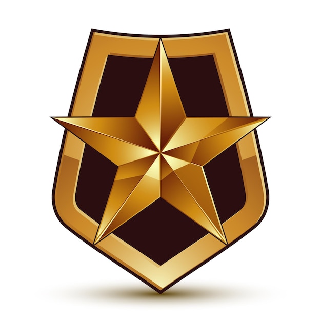 Símbolo estilizado vectorial aislado sobre fondo blanco. Glamorosa estrella dorada pentagonal, clara EPS 8, insignia simbólica, blasón aristocrático. oreja EPS 8, insignia simbólica, blasón aristocrático.