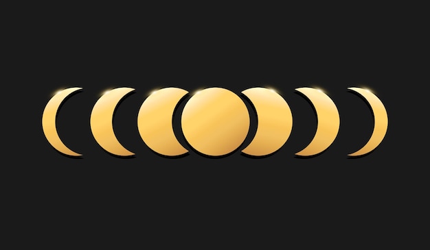 Símbolo de fases lunares doradas brillantes sobre un fondo negro Ilustración vectorial de luna dorada y media luna