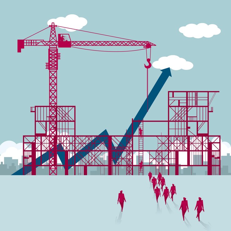 Vector símbolo de flecha de elevación. un grupo de hombres de negocios caminó hacia el sitio de construcción.