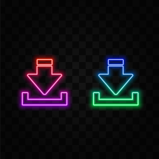 Símbolo de flecha del icono del botón de descarga de neón Signo de descarga del neón brillante en fondo negro