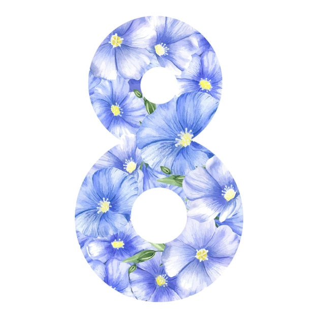 Símbolo floral azul número ocho del 8 de marzo. día internacional de la mujer