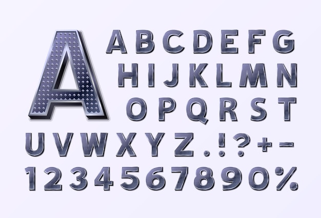 Símbolo de fuente de metal, conjunto de letras y números. ilustración vectorial