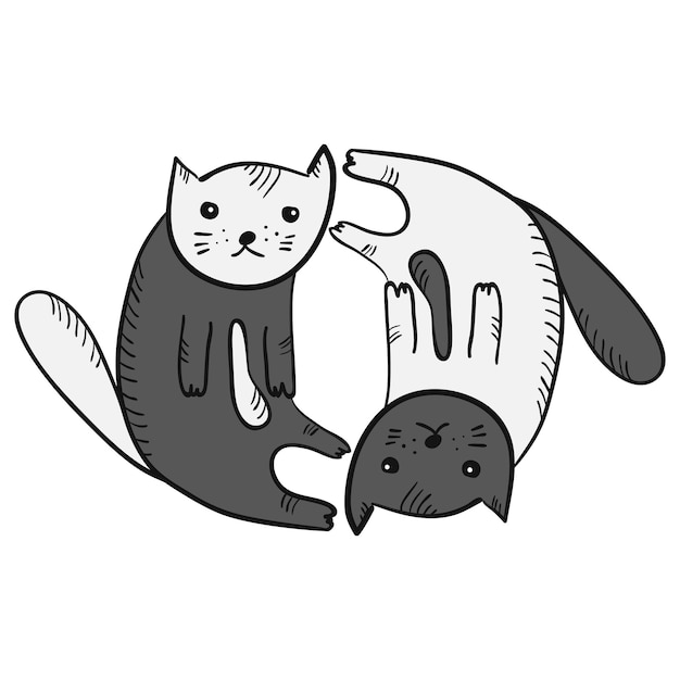 Símbolo de gatos yin y yan de dibujos animados divertidos. gatitos pensativos dibujados a mano incompletos en blanco y negro