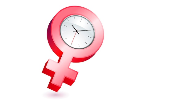 Vector símbolo de género femenino rosa con reloj y manecillas, que simboliza la salud de la mujer. copie el espacio. ilustración vectorial