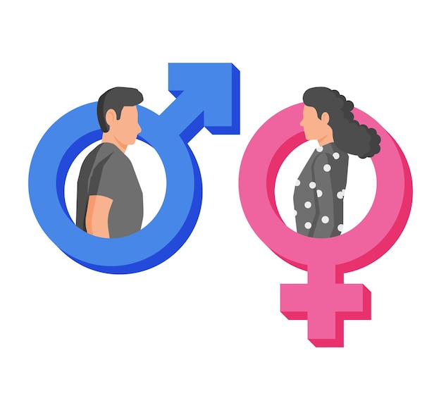 Vector símbolo de género rosa y azul con personajes de mujer y hombre aislados en blanco signos femeninos y masculinos hombre mujer niño niña hombre mujer icono dibujos animados vector plano ilustración