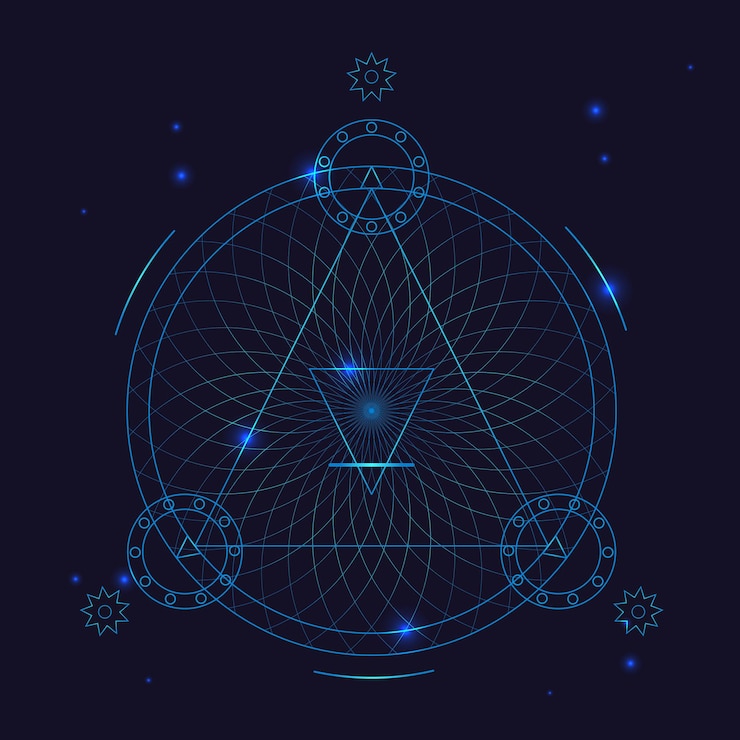 Vector símbolo de geometría de alquimia delgada línea. signo de tatuaje de triángulo místico sobre un fondo azul. ilustración vectorial