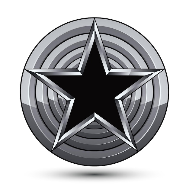 Símbolo geométrico de diseño sofisticado, estrella negra pentagonal estilizada colocada sobre una superficie plateada redonda, ideal para uso en diseño web y gráfico. Icono de vector 3d pulido aislado sobre fondo blanco. cl