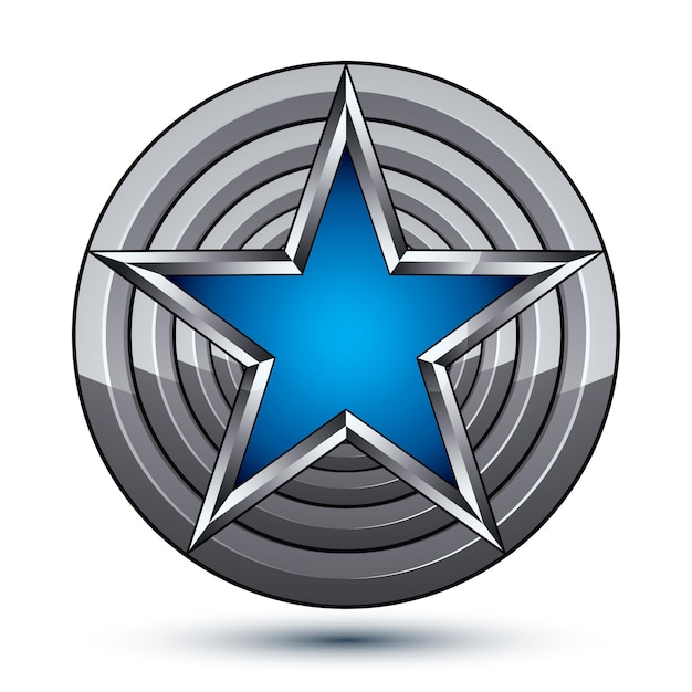 Símbolo geométrico glamuroso y celebrativo, estrella azul pentagonal estilizada colocada sobre una superficie plateada redonda, ideal para uso en diseño web y gráfico. Icono de vector 3d pulido aislado sobre fondo blanco.